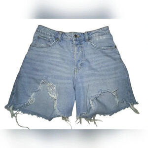 Women's High Waisted Distressed Bermuda Light  Blue Jean Button Fly Shorts, 8